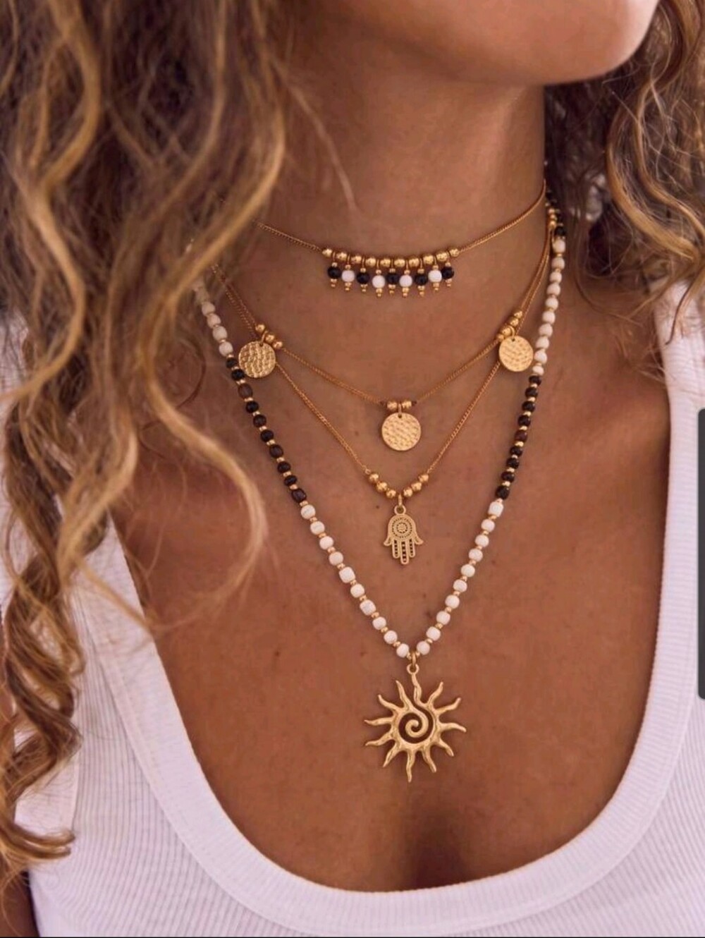 BRAND NEW ** Gold Layered Sun & Hamsa Necklace Set in White and Black Beads
